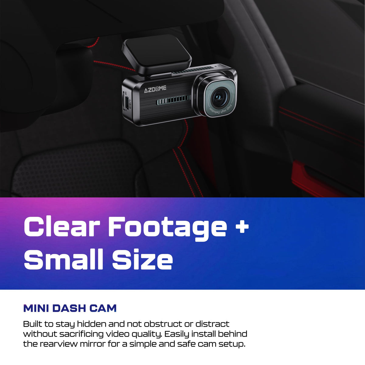 AZDOME M200 compact design fits discreetly behind the rear-view mirror