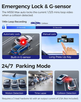 AZDOME M550 Max 64GB card included supports immediate recording and storage.