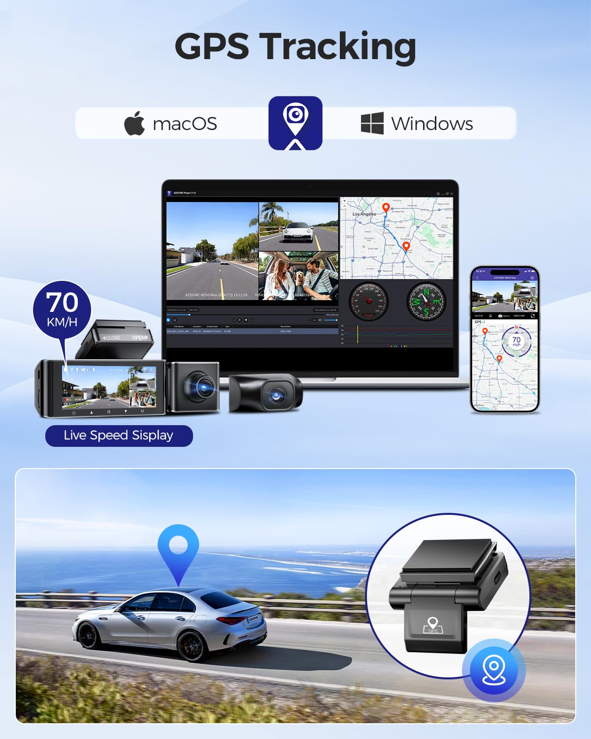 AZDOME M550 Max app with WiFi and GPS enables easy footage sharing and route review.