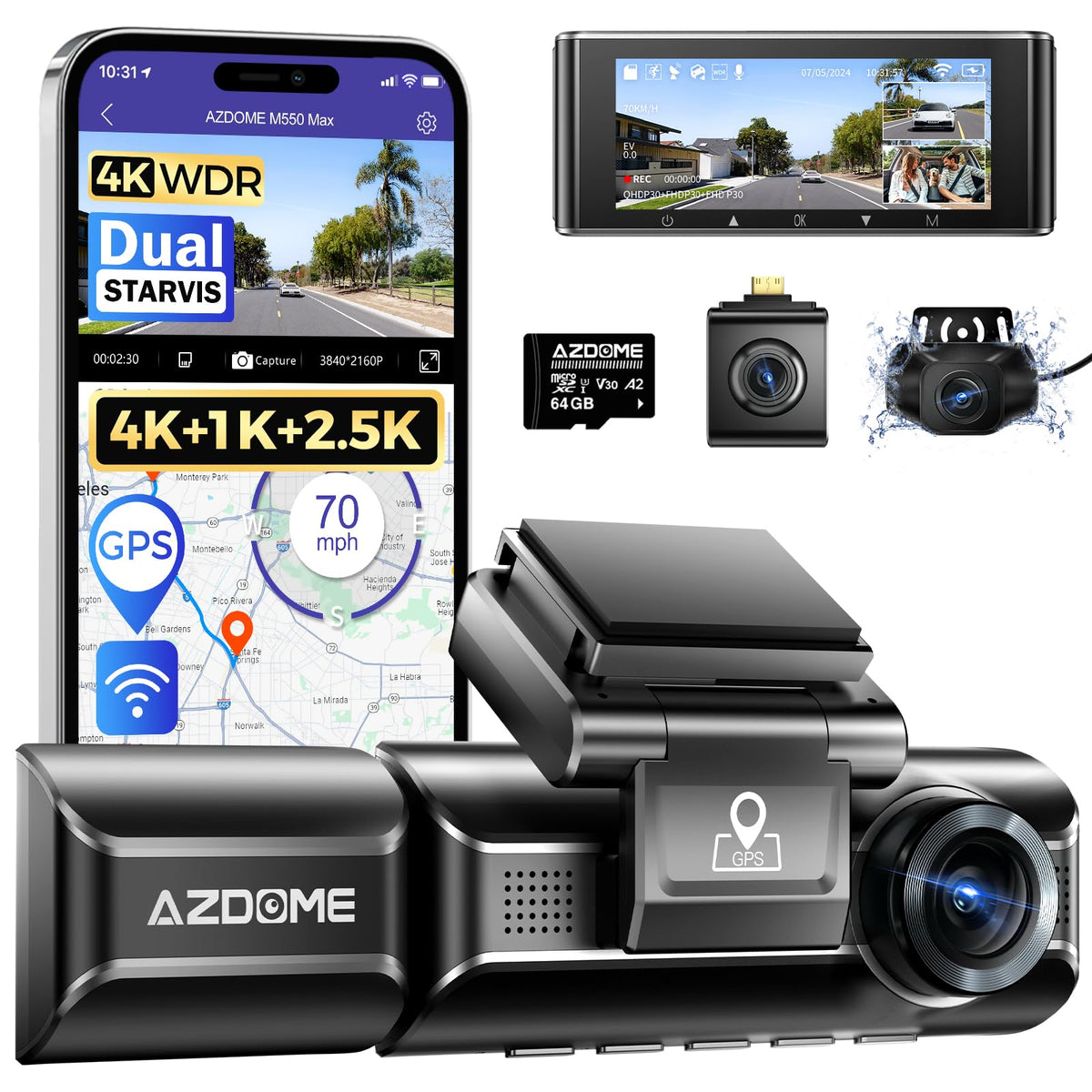 AZDOME M550 Max front 4K camera captures sharp road details for evidence and review.
