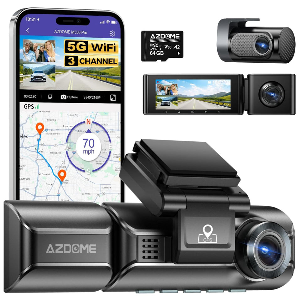 AZDOME M550 Pro front unit showing lens and 4K clarity benefits