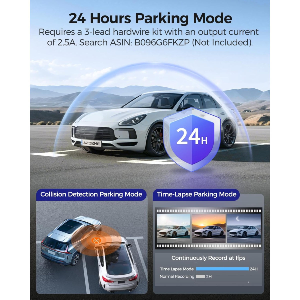 AZDOME dash cam mounted on windshield showing all-channel protection benefit