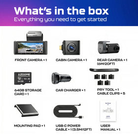 AZDOME retail box and label showing included parts and ready-to-install benefit