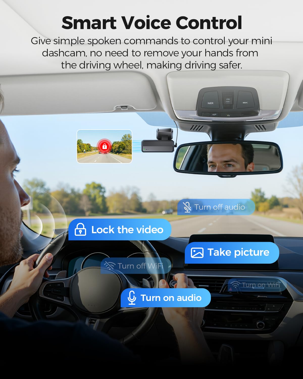 AZDOME mounted behind rearview mirror showcasing discreet installation benefit