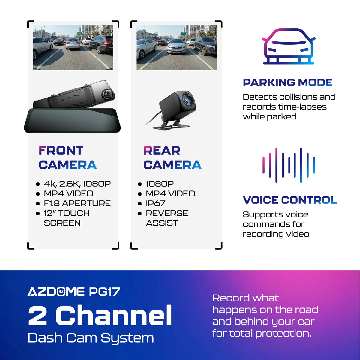 AZDOME PG17 rear 1080p camera records tail-end details for full coverage.