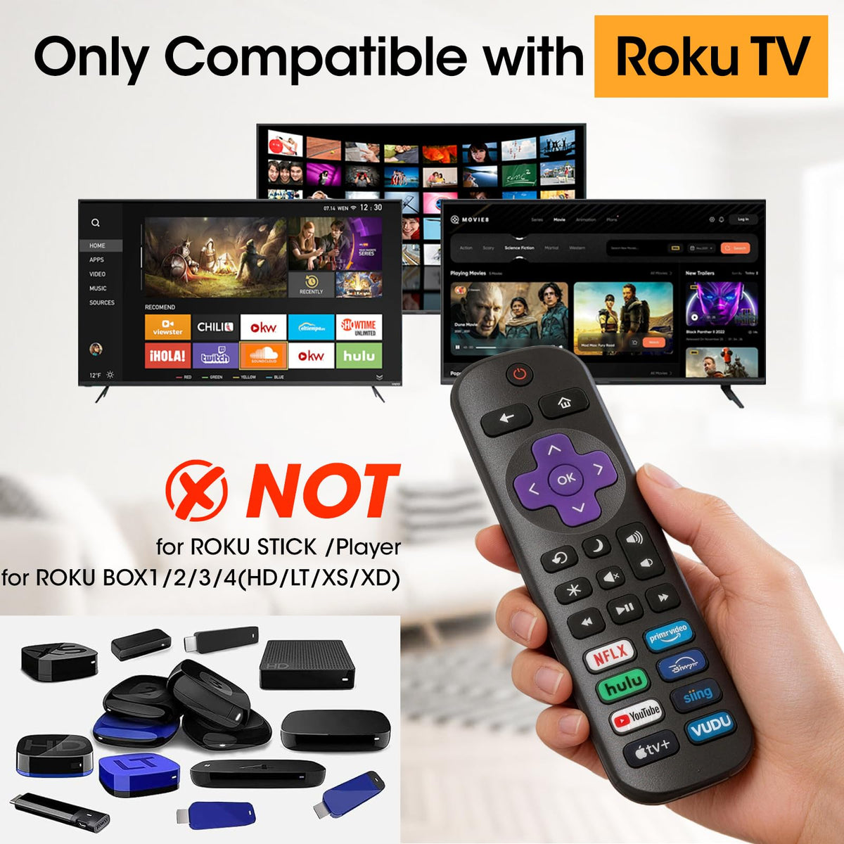 AZEN Roku TV remote back view showing durable ABS and silicone body