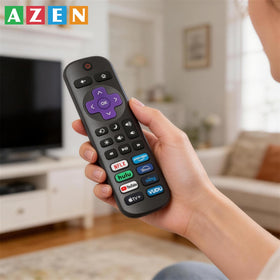 AZEN Roku TV remote close-up of shortcut buttons for streaming apps