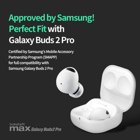 AZLA SednaEarfit MAX tips mounted on Galaxy Buds 2 Pro for secure fit.
