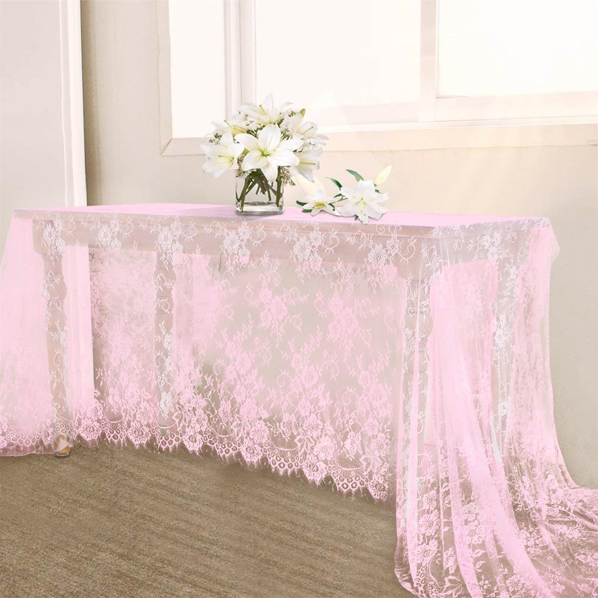 B-COOL front view of pink lace overlay pack showing size and ribbons benefit elegant setup