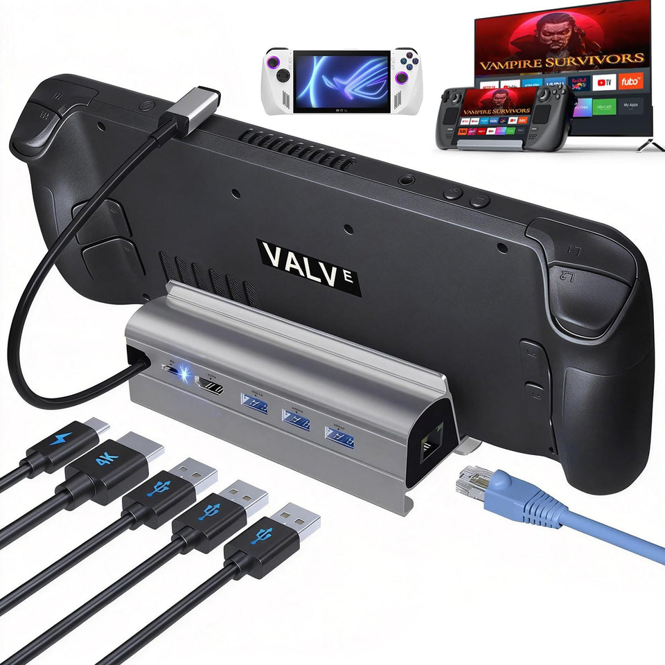 B3 BIGTHREE docking station shows Steam Deck in 4K60 via HDMI for crisp gameplay on a TV.