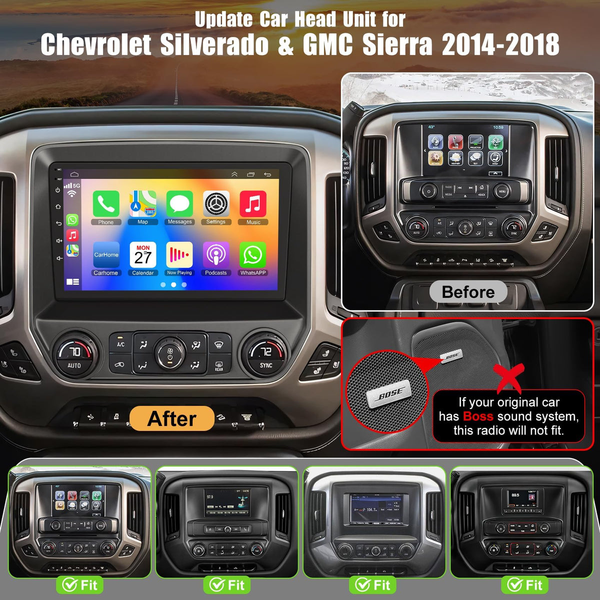 B4U 10.2 inch QLED CarPlay screen on Sierra dashboard with hands-free calls