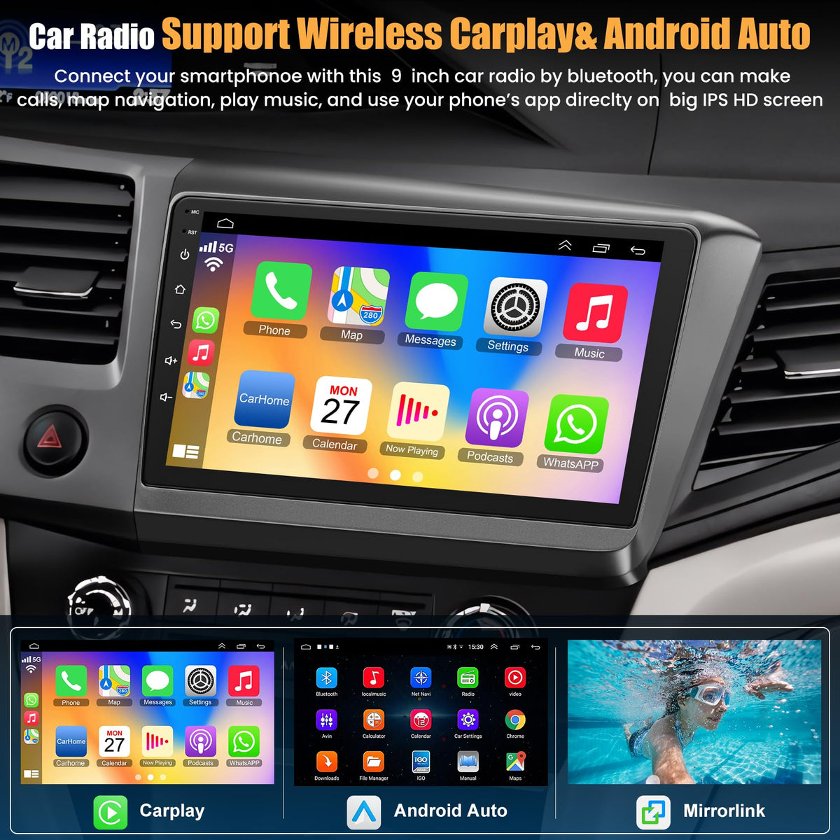 B4U 4G+64G car radio GPS navigation and WiFi status on screen for online maps.