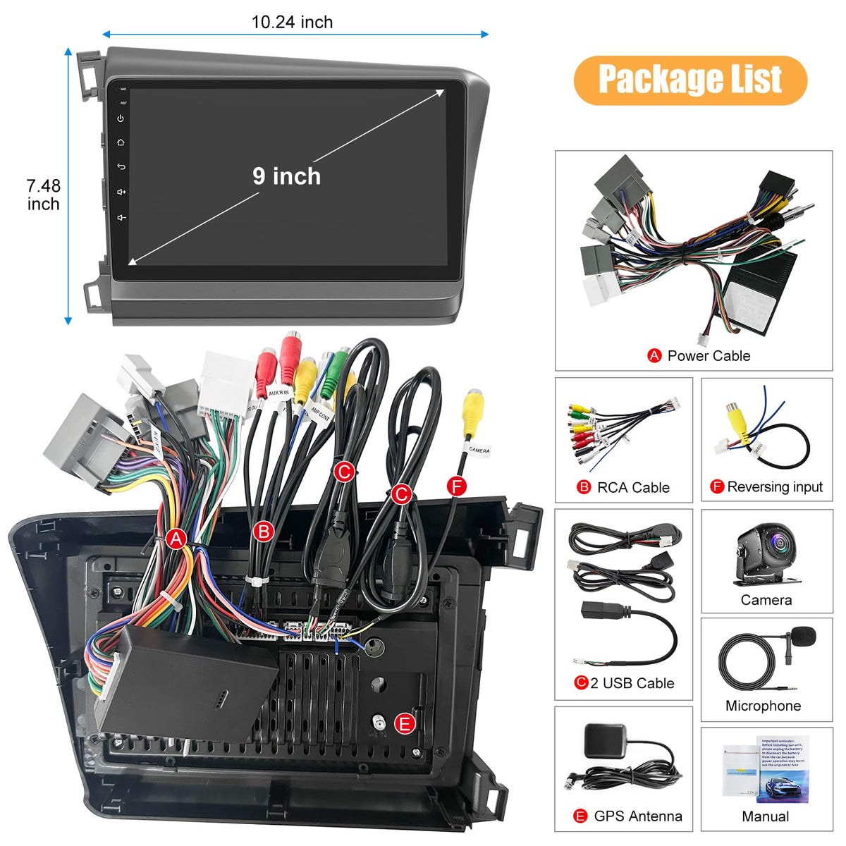 B4U 4G+64G car radio dash unit with waterproof rear camera connection for reliable parking.