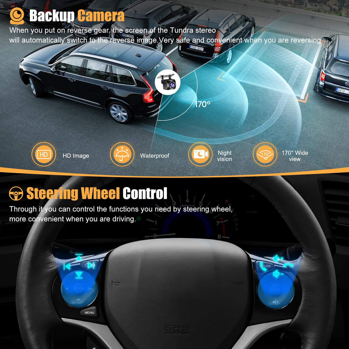 B4U 4G+64G car radio rear view camera feed with 170-degree wide angle for safer reversing.