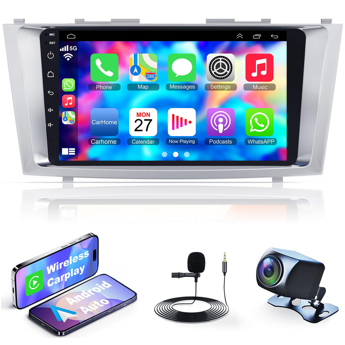 B4U 9-inch IPS display on Camry stereo with vibrant navigation visuals.