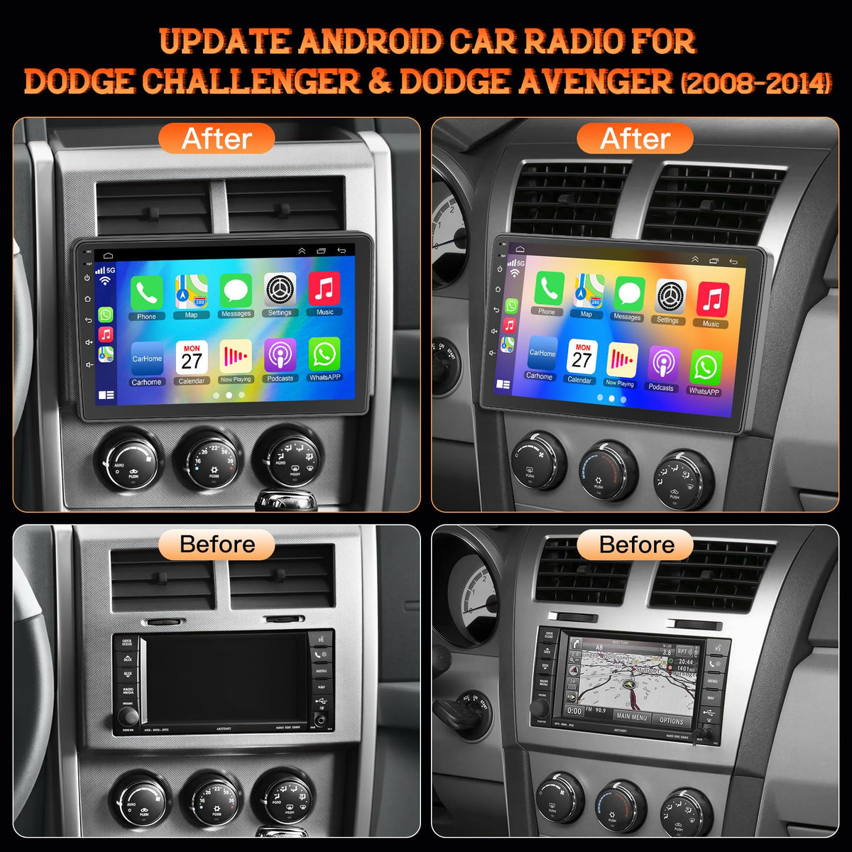 B4U Android 13 car radio with wireless CarPlay for hands-free connectivity.