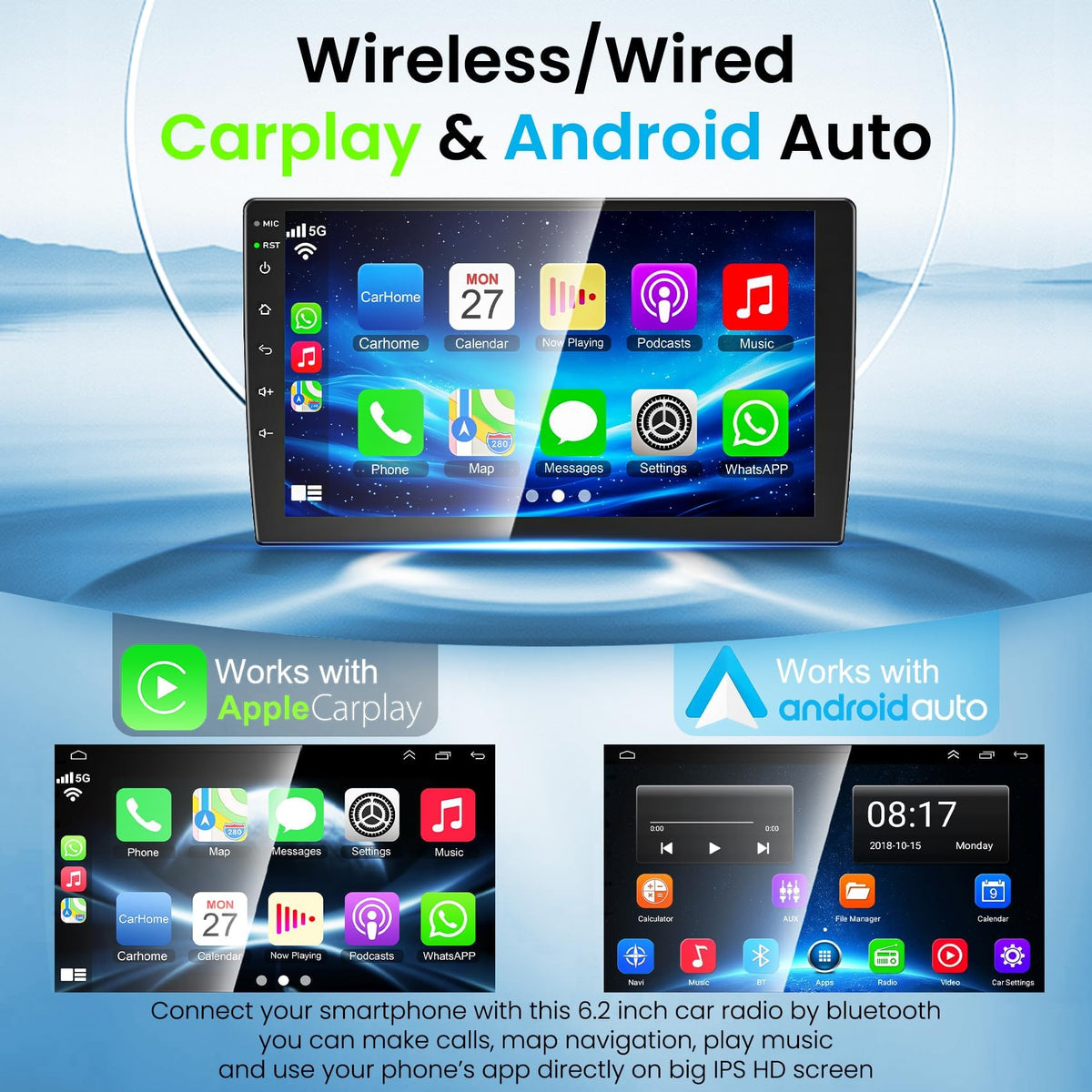 B4U Camry radio with wireless CarPlay and Android Auto for hands-free use.