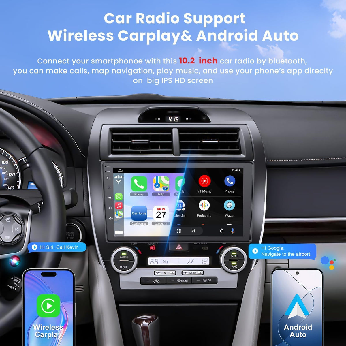 B4U Camry stereo showing CarPlay and Android Auto connection on dash.