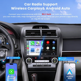 B4U Camry stereo showing CarPlay and Android Auto connection on dash.