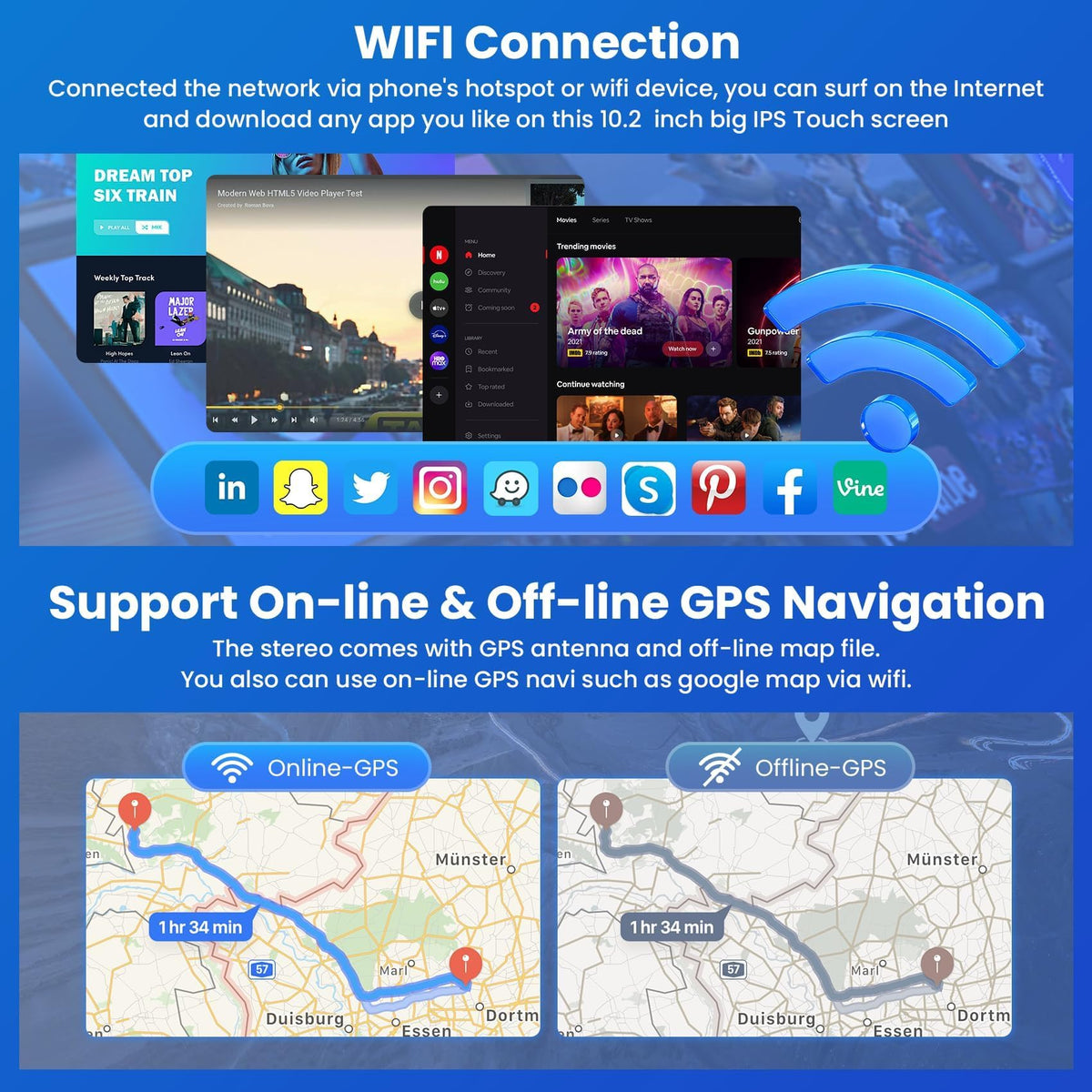 B4U Camry stereo GPS navigation with Wi‑Fi connectivity for maps on the go.