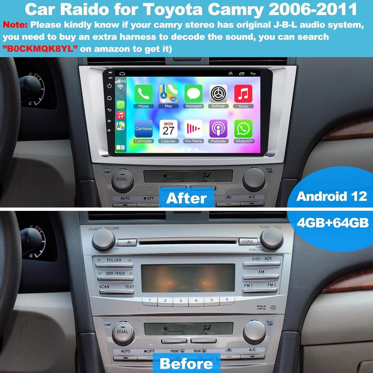 B4U wireless CarPlay and Android Auto for hands-free control on Camry screen.