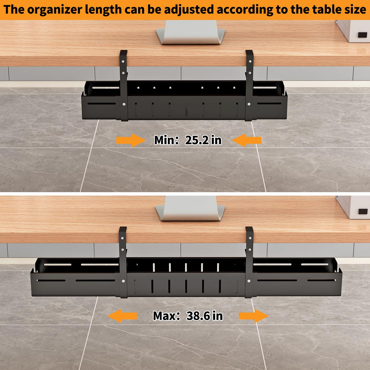 Babosas tray extended to show expandable 25.2 to 38.6 inch length flexibility benefit