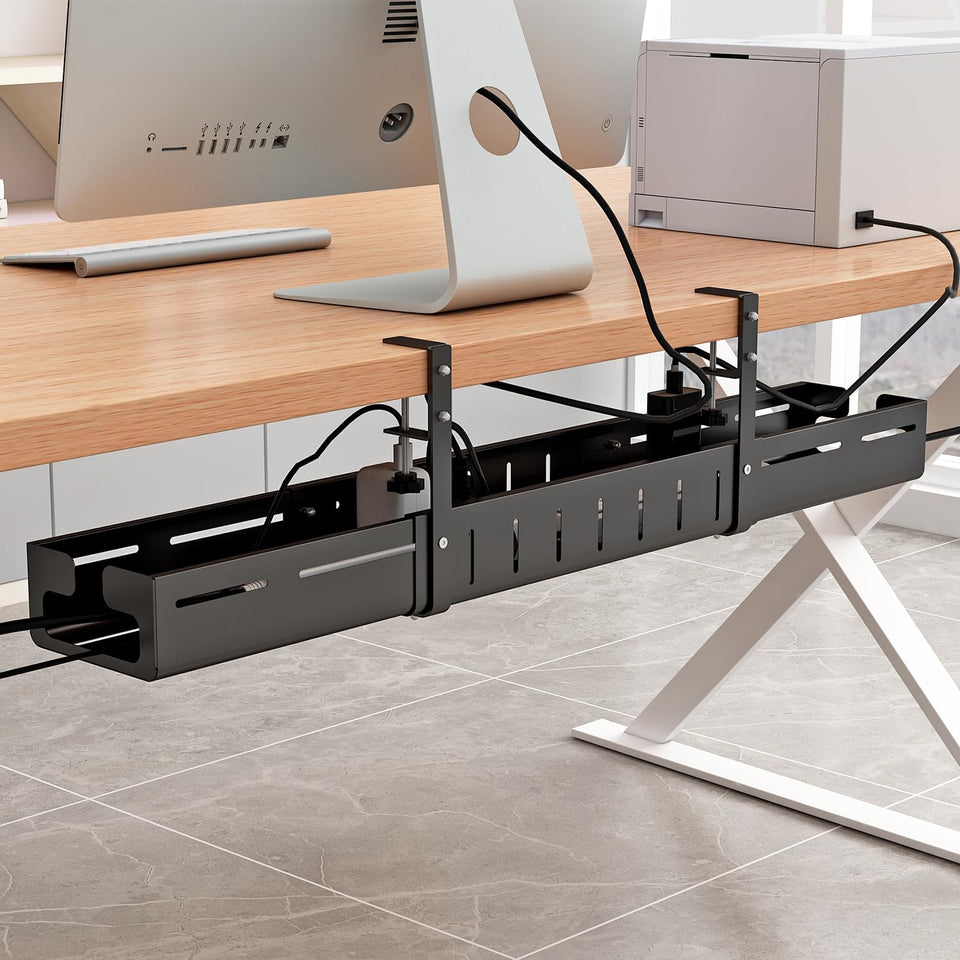 Babosas front view of tray mounted under desk showing tidy cables and neat workspace