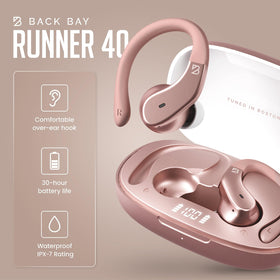 Back Bay Audio charging case open with earbuds showing extended battery benefit
