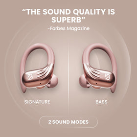 Back Bay Audio wireless charging case open with earbuds inside, emphasizes long battery support