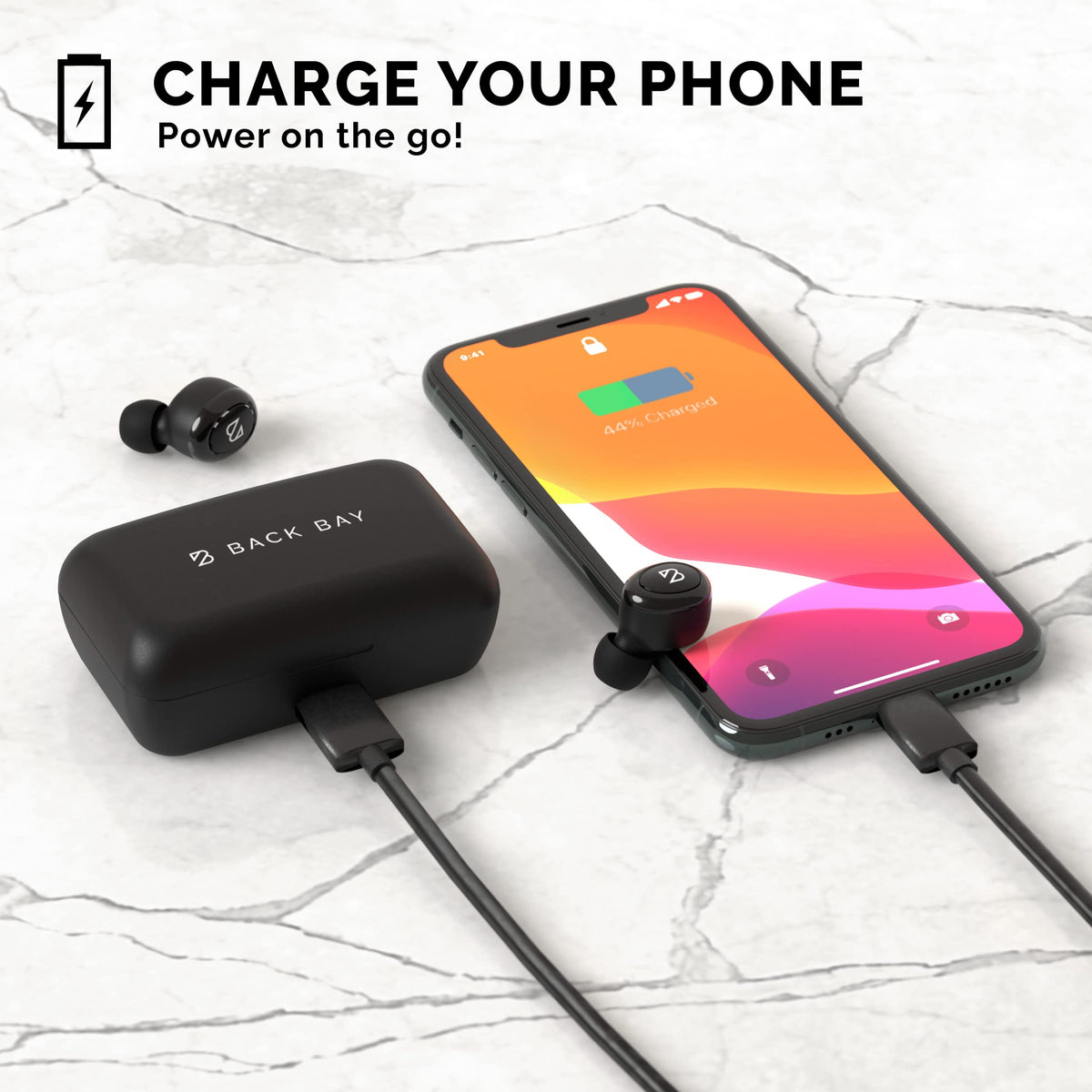 Back Bay Audio case charging a phone illustrating emergency power capability