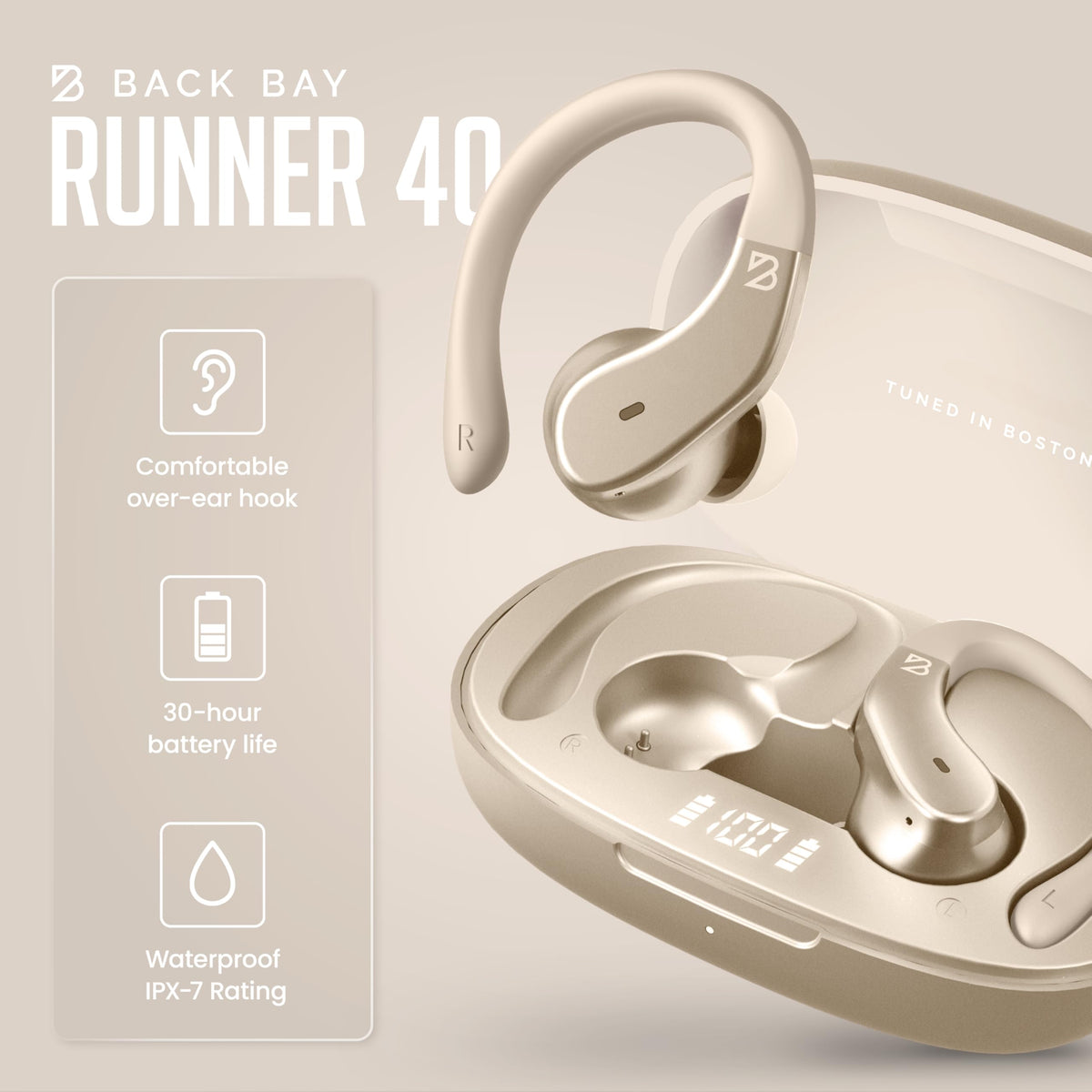 Back Bay Audio earbud worn during run showing secure fit and sweat-ready design