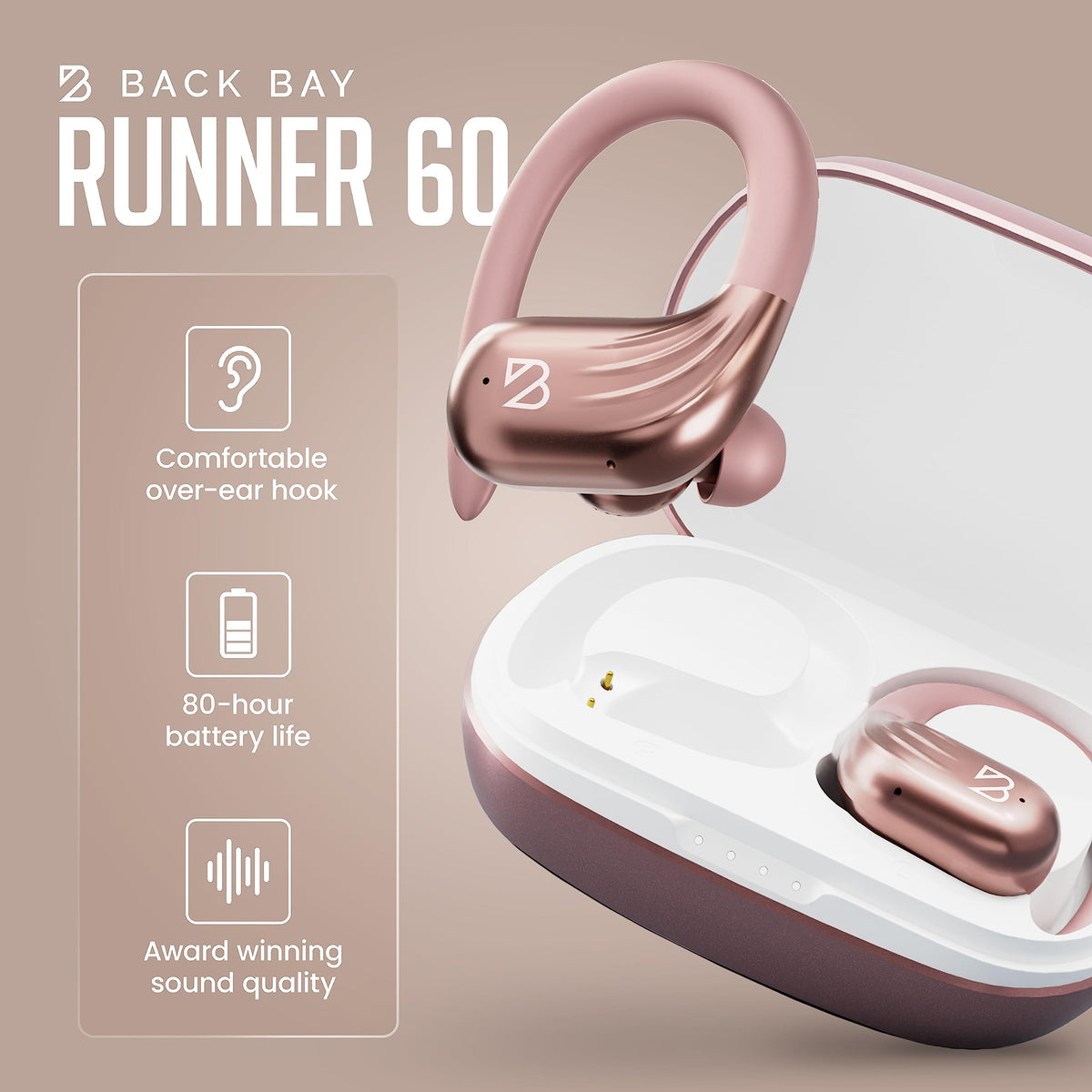 Back Bay Audio earhook fit demonstration on model ear, illustrates secure comfort while running
