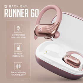 Back Bay Audio earhook fit demonstration on model ear, illustrates secure comfort while running
