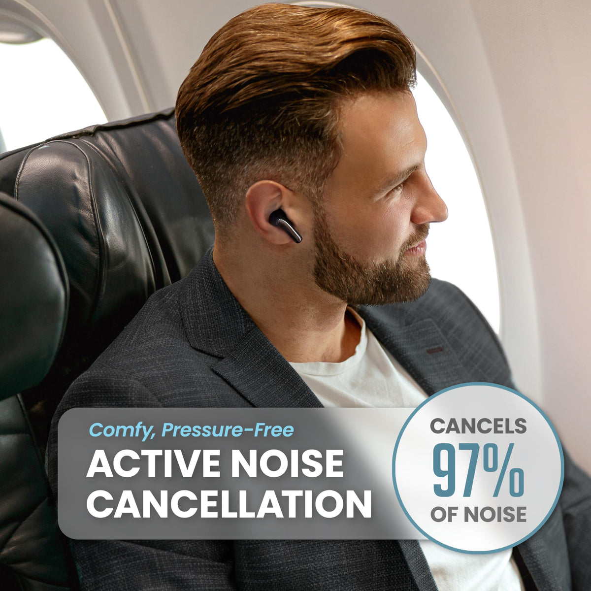 Back Bay Audio FirstClass charging case open displaying earbuds and long battery life benefit