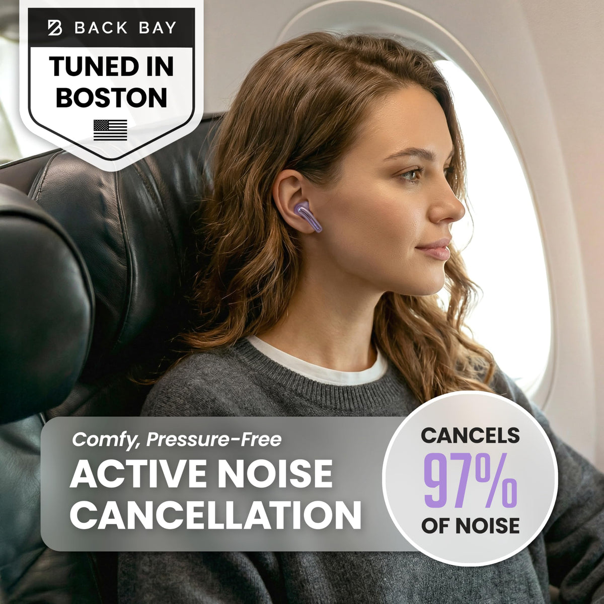 Back Bay Audio FirstClass earbuds worn for comfortable all-day ANC.