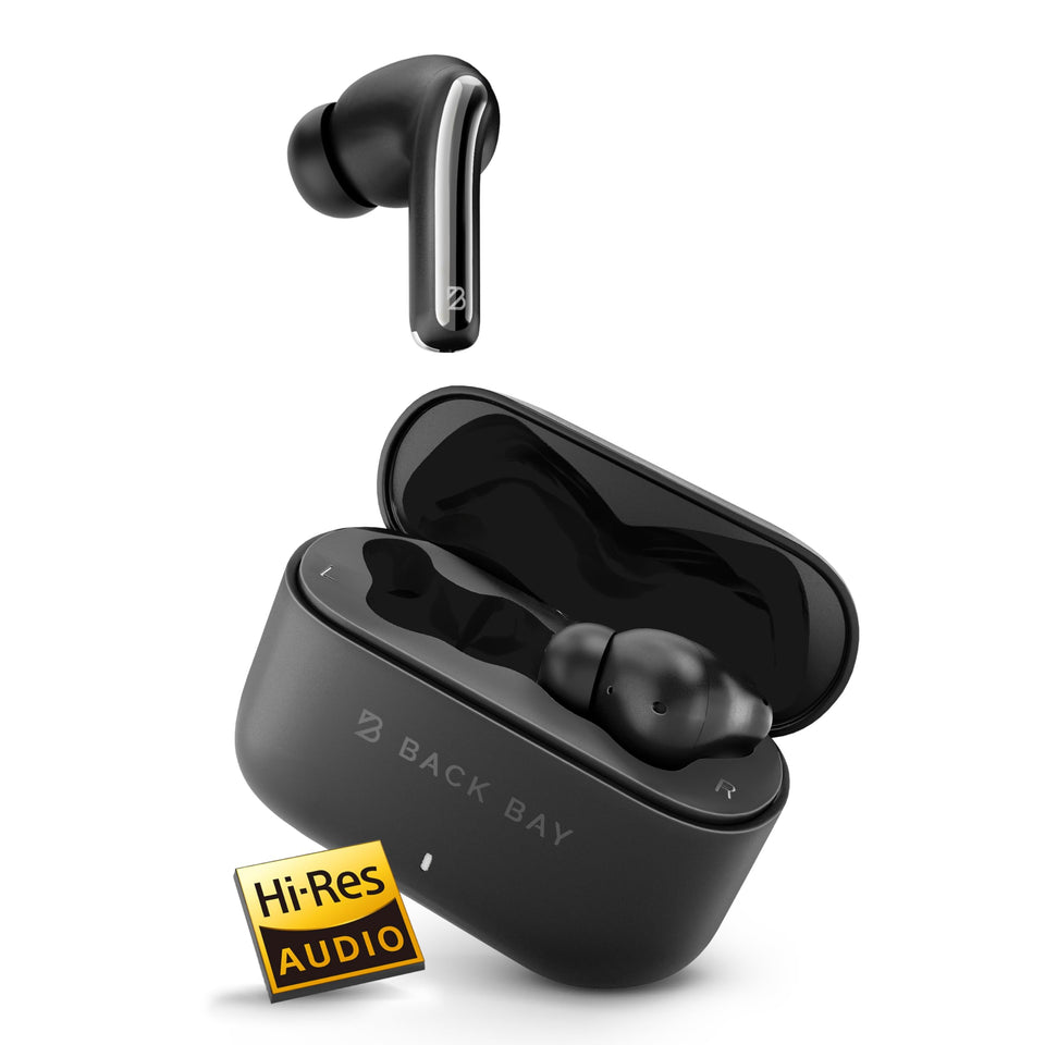 Back Bay Audio FirstClass front view showing sleek earbuds and compact case for travel convenience