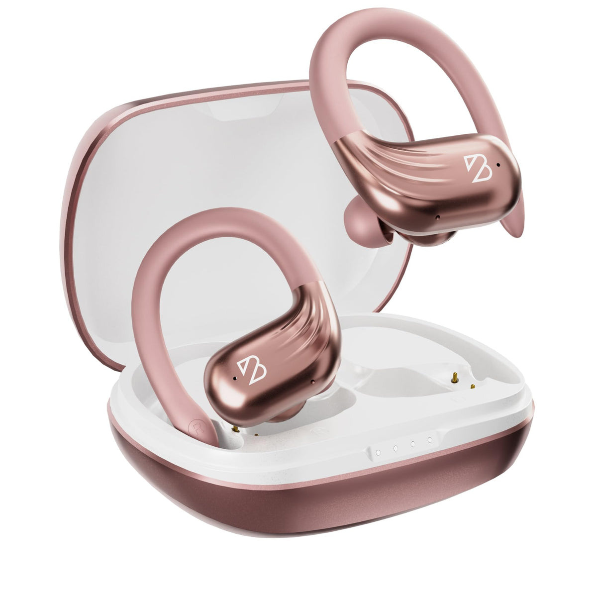 Back Bay Audio front packaging showing rose gold earbuds and case, highlights style benefit