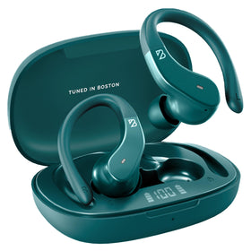 Back Bay Audio earbuds next to hand indicating compact size and portability