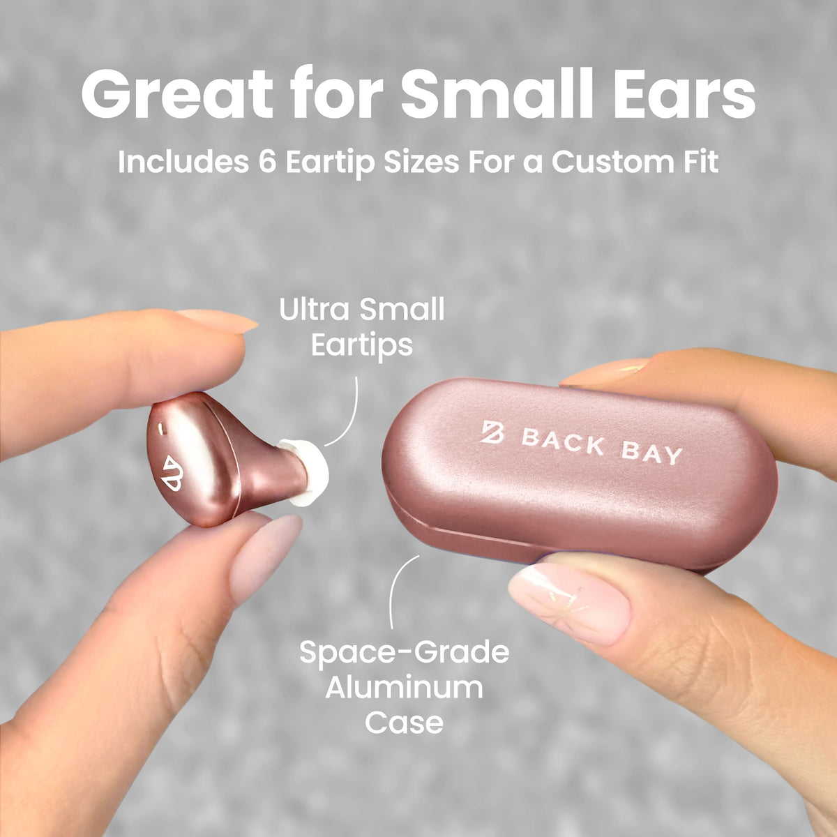 Back Bay Audio close-up of earbud housing and nozzle, shows refined small-ear design