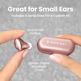 Back Bay Audio close-up of earbud housing and nozzle, shows refined small-ear design