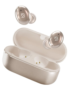 Back Bay Audio Tempo 30 front packaging shows champagne earbuds and benefits