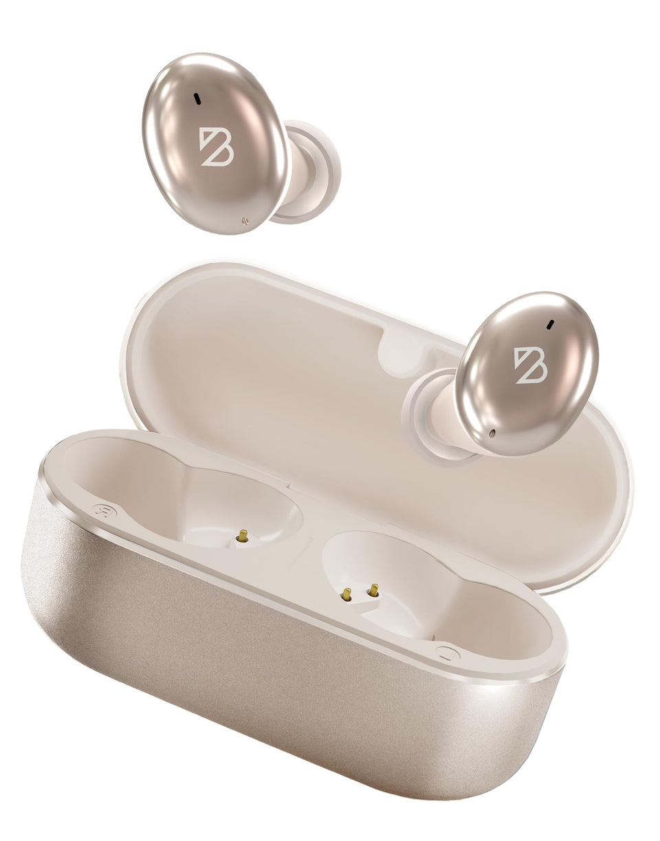 Back Bay Audio Tempo 30 front packaging shows champagne earbuds and benefits