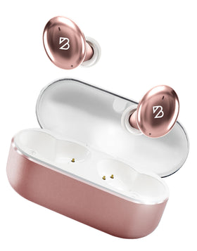 Back Bay Audio front packaging shows rose gold earbuds and compact case, highlights portability