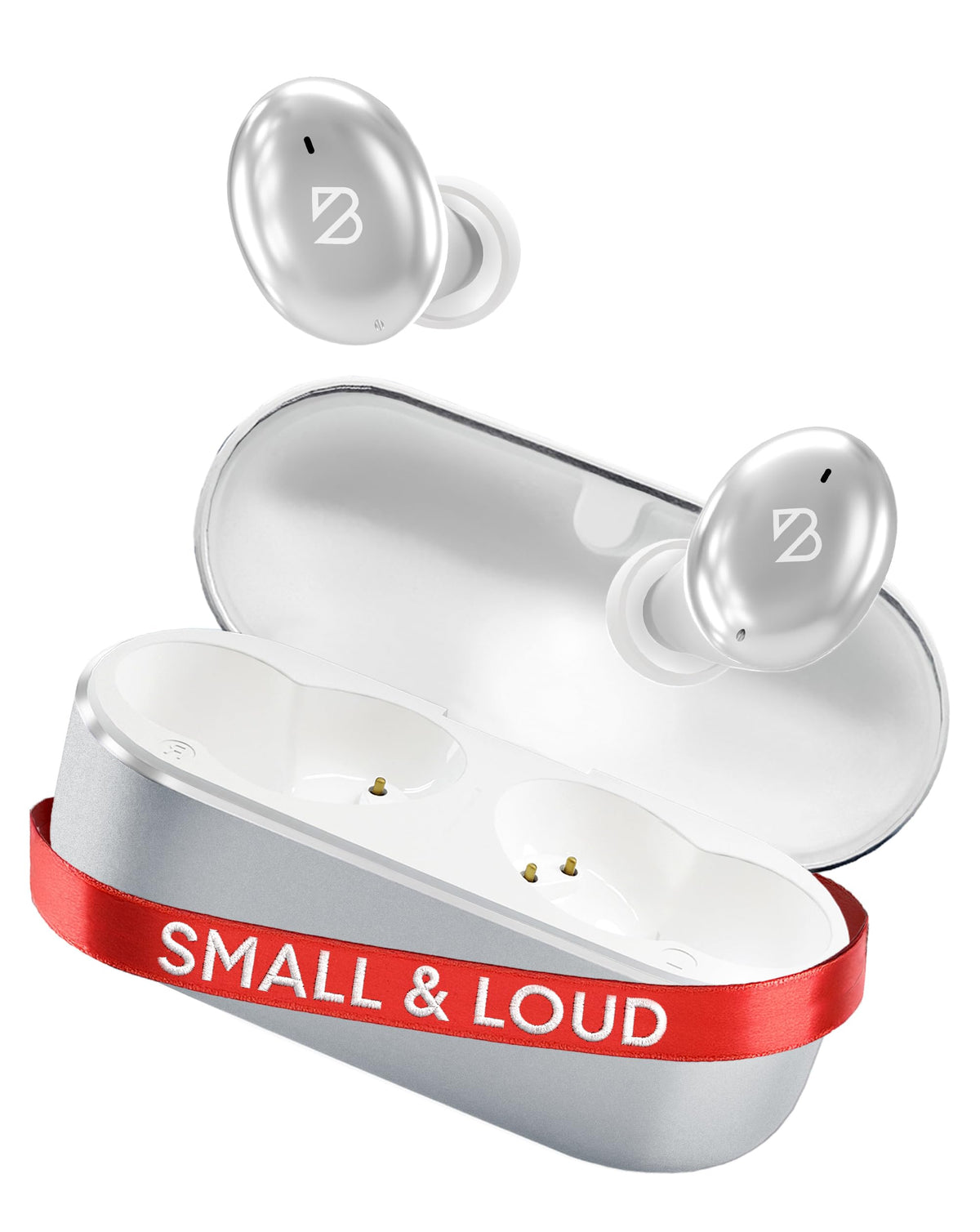 Back Bay Audio front packaging showing earbuds and compact case, highlights portability