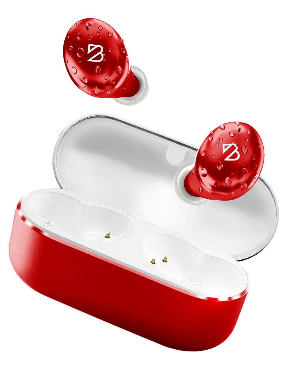Back Bay Audio Tempo 30 front view showing red earbuds and compact case, emphasizes style and portability