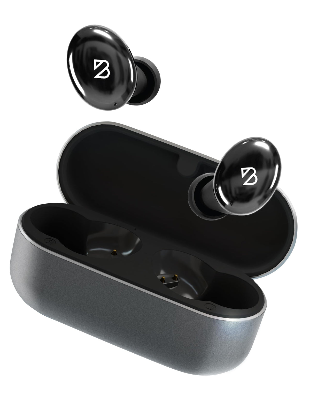 Back Bay Audio Tempo 30 front view showing compact earbuds and charging case for comfortable wear