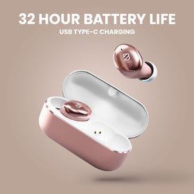Back Bay Audio earbuds with water droplets, communicates IPX7 sweat and rain protection