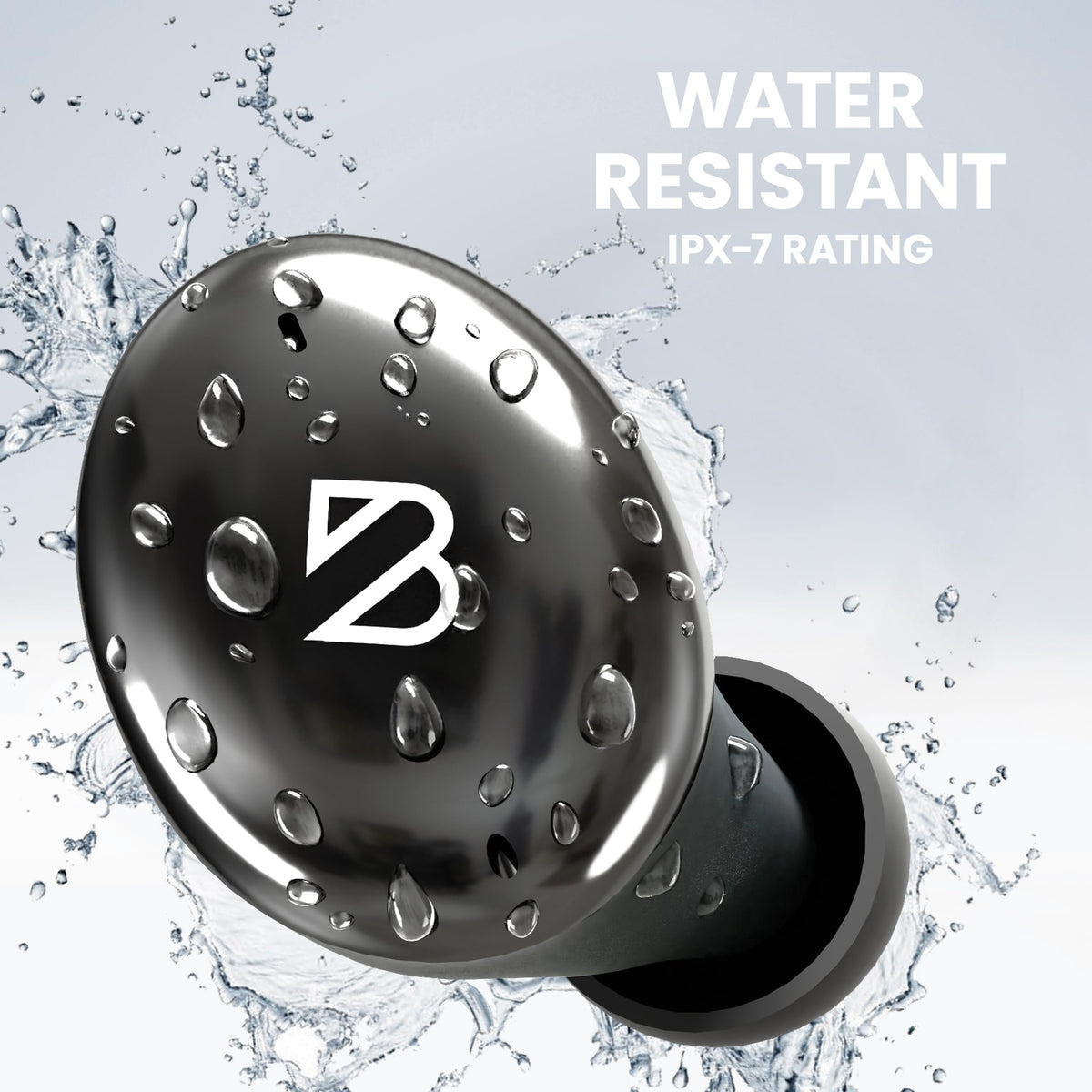 Back Bay Audio Tempo 30 water droplets on surface showing IPX7 sweatproof protection