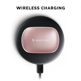 Back Bay Audio earbuds and case in travel bag, conveys ready-for-travel battery longevity