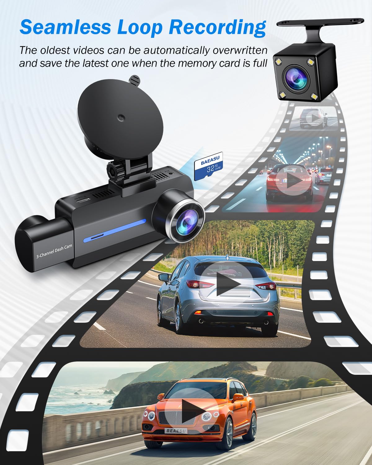 BAEASU dash cam mounted on windshield demonstrating neat, unobtrusive install